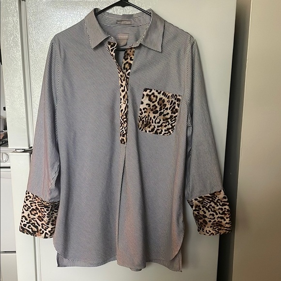 Chico's Tops - Chico's Size 3 16/18 Striped Shirt 1/2 button down w/ Leopard Details NWOT